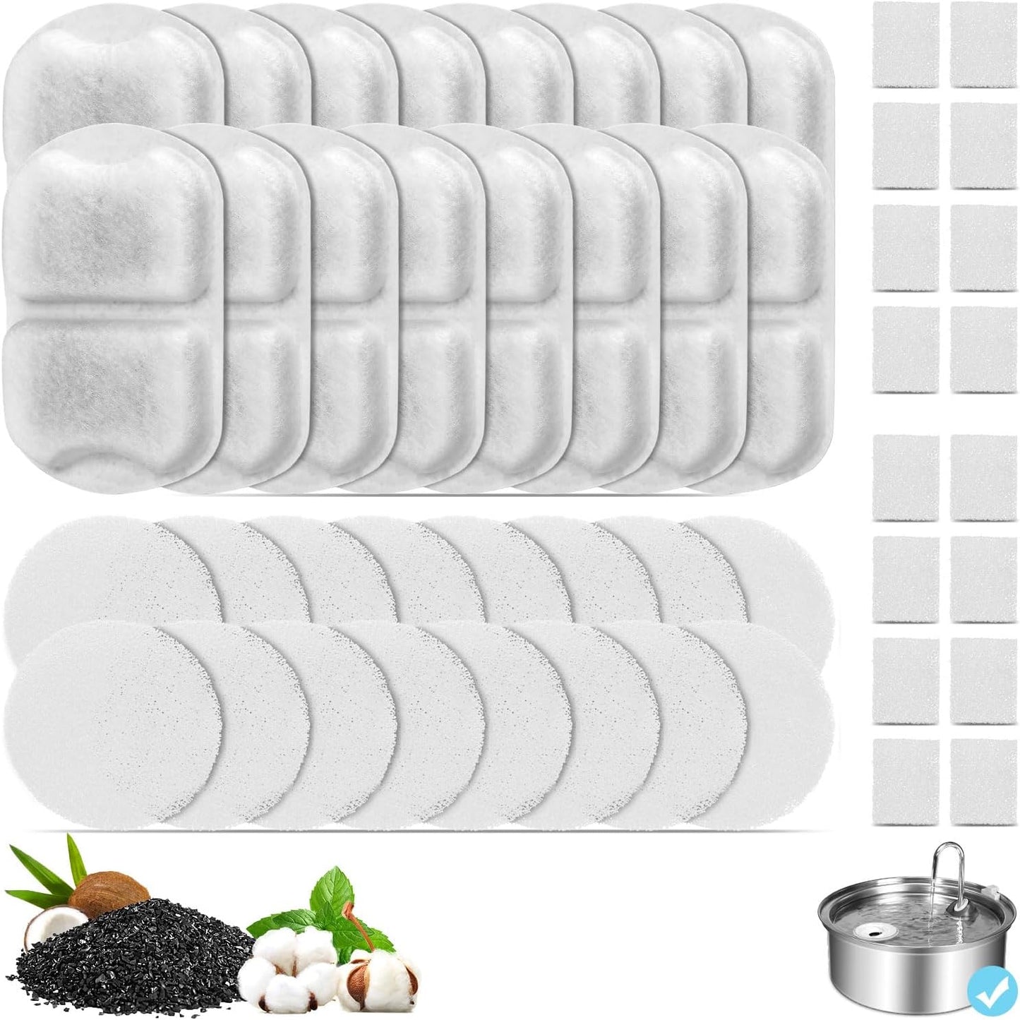 16 Set Dog Fountain Filter Replacement for 7L/230oz/1.8G Stainless Steel Dog Water Dispenser, YOIHABV Cat Fountain Filters, Triple Filtration Pet Water Filter, Replacement Filters and Sponges