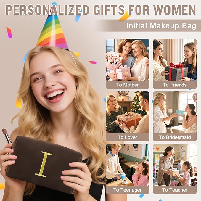 Personalized Initial Makeup Bag,Preppy Suede Cosmetic Bag for Teen Girls,Small Monogram Travel Toiletry Bag With Gold Embroidered Letter,Trendy Stuff Custom Christmas Gift for Women(Coffee-I)