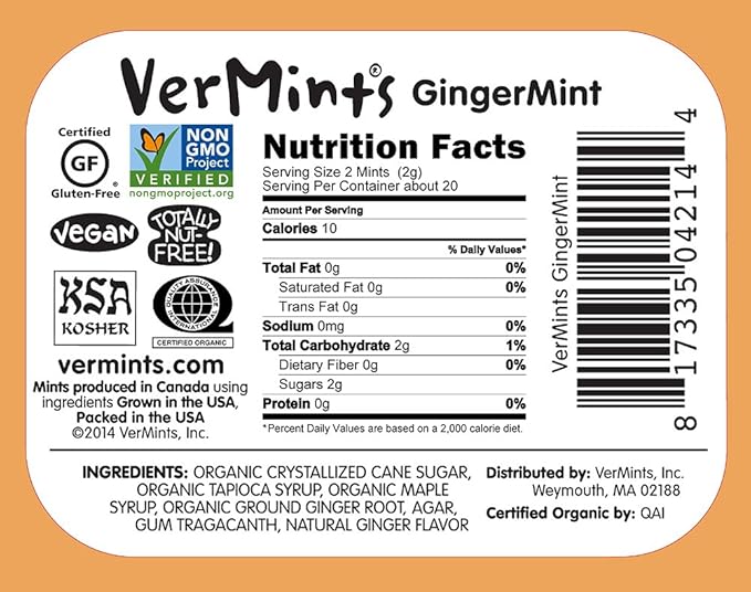 VerMints Organic Breath Mints GingerMint - Real Ginger Flavored Candies - Travel Size Tin - Non-GMO, Nut Free, Gluten Free, Vegan, Kosher Organic Candy Mints - 1.41oz Tins (Pack of 6)