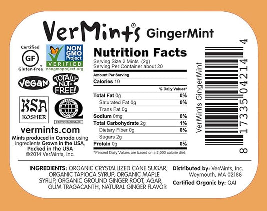 VerMints Organic Breath Mints GingerMint - Real Ginger Flavored Candies - Travel Size Tin - Non-GMO, Nut Free, Gluten Free, Vegan, Kosher Organic Candy Mints - 1.41oz Tins (Pack of 6)