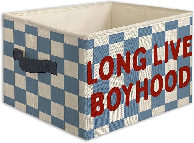 Long Live Boyhood Foldable Storage Bins Box with Handles, Retro Blue Checkered Collapsible Toys Books Clothes Organizer Basket for Kids Boys Nursery Bedroom Bathroom Dorm