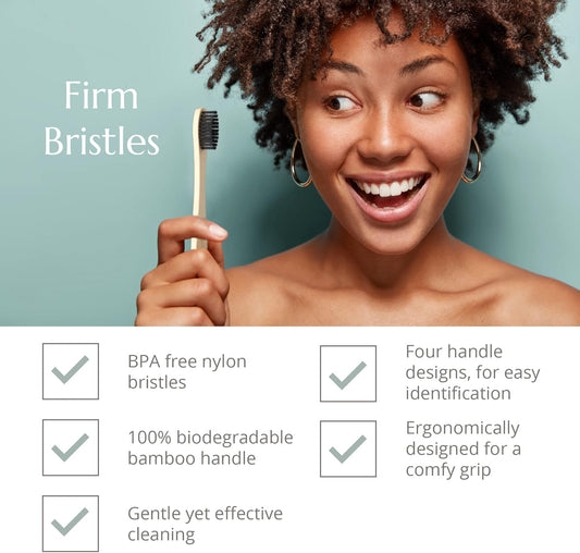 Wild & Stone | Firm Bristle Organic Bamboo Toothbrush | Four Handle Patterns | Firm Fibre Bristles | 100% Biodegradable Handle | Vegan Eco Friendly Bamboo Toothbrushes