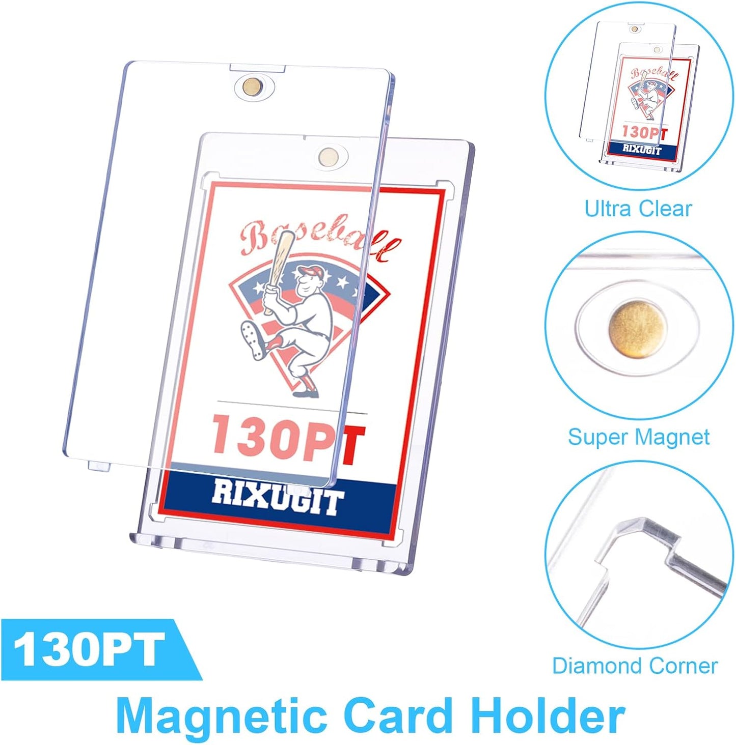 130pt Magnetic Card-Holders for Trading Cards - 15-Pack One Touch Card Case with Stronger Magnet, UV Protection， Card Protectors Hard Plastic, Card Sleeves Display Case for Baseball Card Sports Cards
