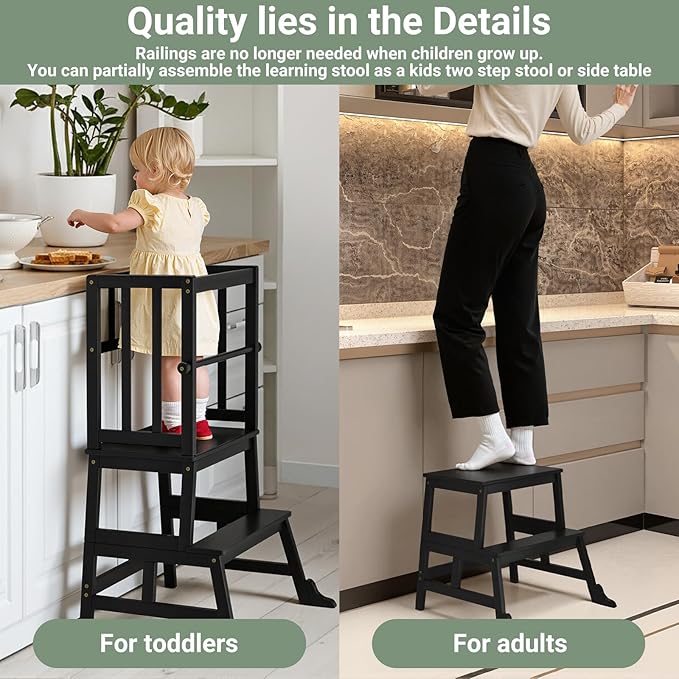 COSYLAND Kids Kitchen Step Stool Helper Baby and Toddler Multi-Function Step up Nursery Helper Stand with Safety Rail in Natural Bamboo, Strong and Lightweight 1.5-3 Years (Black)