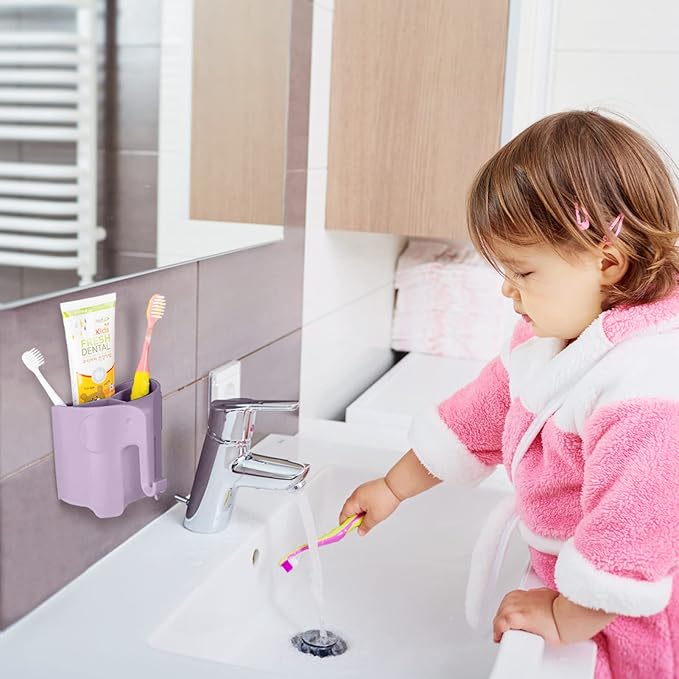 RyanLemon Elephant Toothbrush Holder for Toddler, Suction Cup Cute Toothbrush Holder for Kids, for Bathroom, with 3 Slots and 1 Hook, Light Purple
