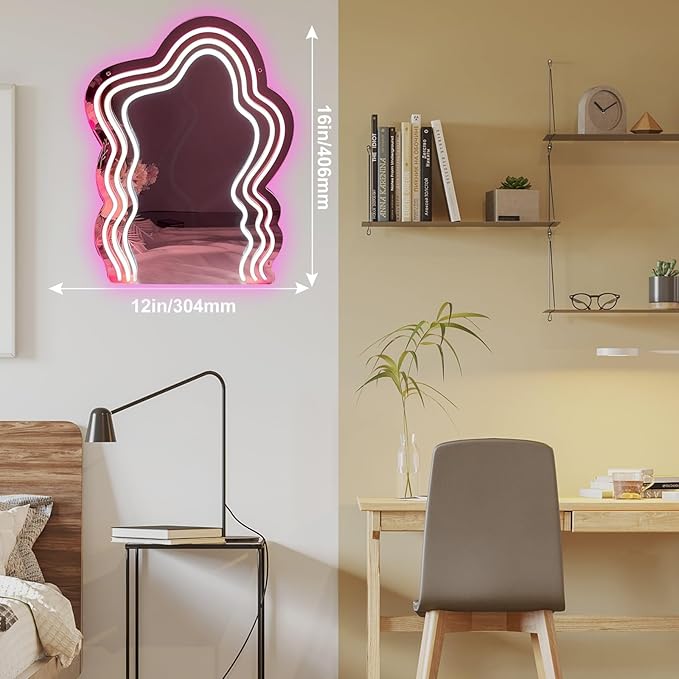 Wavy Mirror Neon Sign Neon Wall Art Sign for Wall Decor LED Neon Mirror Light Sign for Girls Room Bedroom Wedding Birthday Party