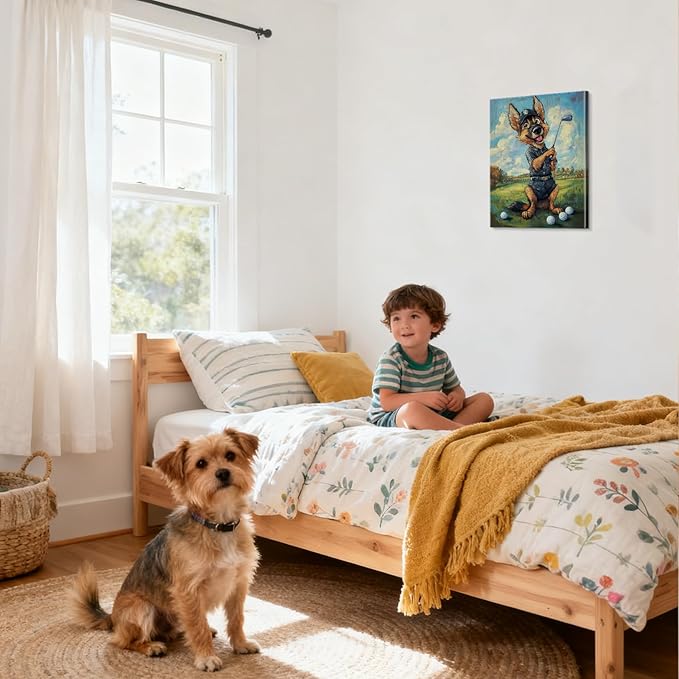 YOUHONG Animal Wall Art Animal Canvas Wall Art Dog Painting with Inner Wooden Frame - Lightweight, Sports Room Decor for Boys Living Room Decoration Ready to Hang (12x15.7 Inches)