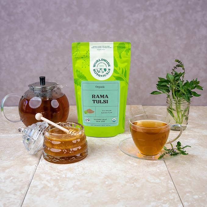 Worldwide Botanicals Organic Holy Basil Tea, 8oz - Tulsi Rama - Loose Leaf Premium Herbal Tea, 100% Pure Tulsi Holy Basil, Fair Trade, Adaptogenic, Kosher