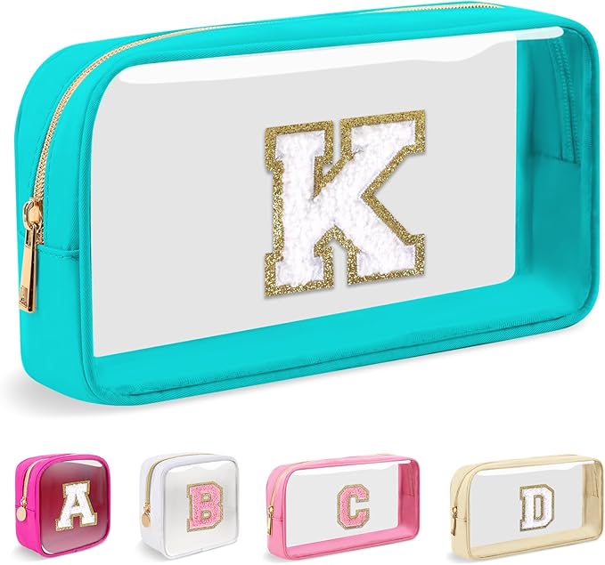 Small Clear Personalized Initial Makeup Bag,Nylon Preppy A-Z Chenille Letter Patch Cosmetic Pouch Beach Toiletry Bag,Waterproof Zipper Travel Purse Storage Bag Organizer for Women Girls(Cyan-White K)