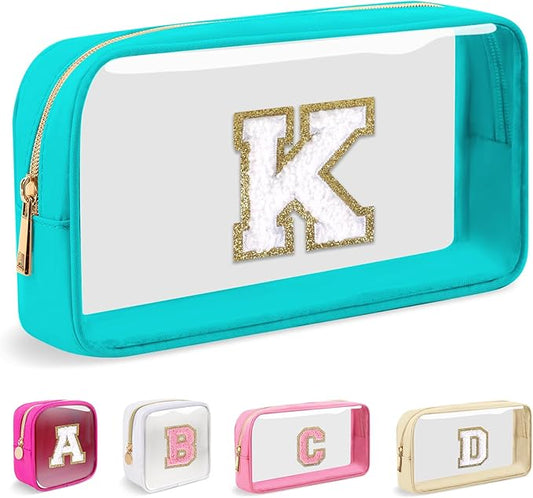Small Clear Personalized Initial Makeup Bag,Nylon Preppy A-Z Chenille Letter Patch Cosmetic Pouch Beach Toiletry Bag,Waterproof Zipper Travel Purse Storage Bag Organizer for Women Girls(Cyan-White K)