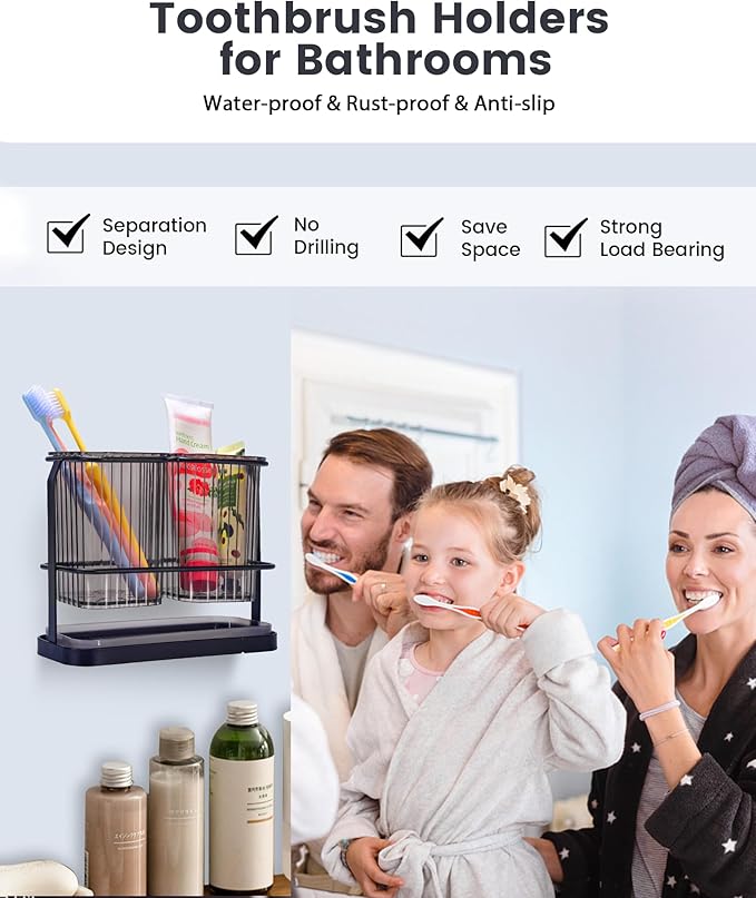 KONE Black Toothbrush Holders for Bathrooms, 2 Cups Toothbrush Holders Wall Mounted, Dry & Wet Separation, Bathroom Organizers and Storage, Bathroom Toothbrush Holder Set for Family Kids