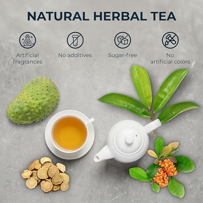 Soursop Leaf Tea with Celastrus Hindsii & Licorice - 55 Count (+5 Tea Bags) - 4.44 oz, Bamboo Tong Include, Re-Steep Corn Based Tea Bags, Natural Herbal Tea for Comfort Relax