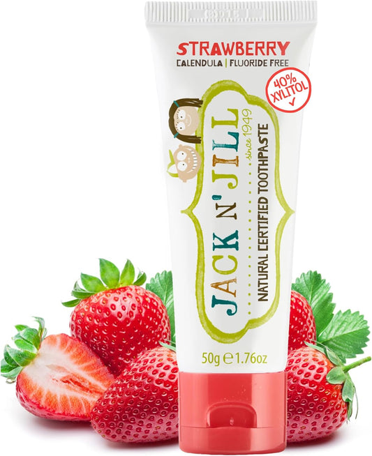 Jack N' Jill Natural Toothpaste for Baby and Infants - Fluoride Free Training Toothpaste, 40% Xylitol, BPA Free - Strawberry, 1.76 oz (Pack of 1)