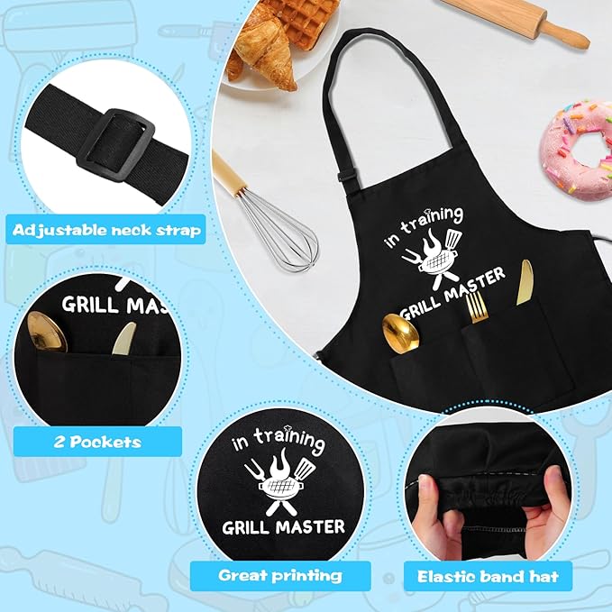 Kids Apron and Chef Hat Set, “GRILL MASTER in training” Funny Apron Adjustable Kitchen Apron Cooking Baking Painting with 2 Pockets for Boys and Girls