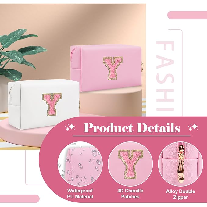 Personalized Initial A-Z Preppy Patch Makeup Bag,Small PU Leather Chenille Letter Cosmetic Bag with Zipper for Teen Girls,Pink Cute Travel Toiletry Bag,Birthday Monogrammed Gift for Daughter,Letter Y