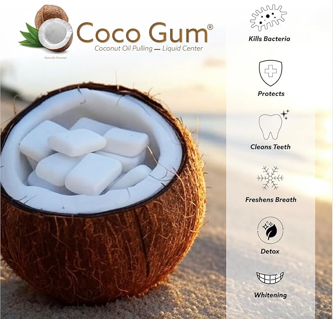 CocoGum – Coconut Oil Pulling Chewing Gum with MCT Oil Liquid Center – Naturally Whitens, Freshens Breath & Protects Teeth – 2 Pack (12 Pieces)
