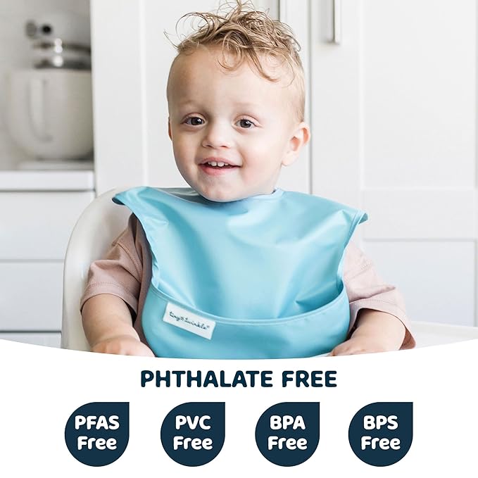 Tiny Twinkle Mess-Proof Baby Bibs for Eating | Waterproof, Wipeable Toddler Bibs with Catch-All Pocket | Feeding Bibs for Girls & Boys(3 Pack,Slate, Olive)