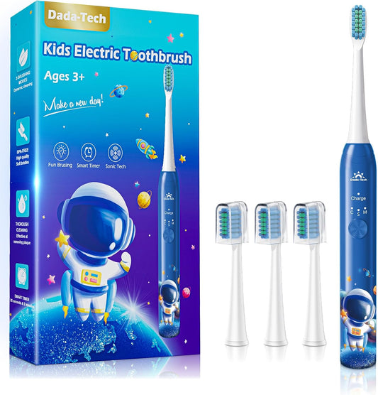 Electric Toothbrush Kids Age 3-5-7-8-12 Year Old, Childrens Electric Toothbrush Rechargeable with Timer 3 Modes 4 Vibrating Heads Habit Stickers 31000VPM Boys Electric Tooth brush (Astronaut Blue)
