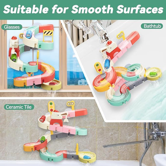Car Slide Bath Toys for Kids Ages 4-8, Wall Track Building Set for 3-5 Year Old, Fun DIY Kit Bathtub Time Birthday Gift for Toddler Boys & Girls (37 PCS)