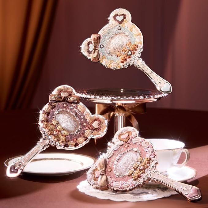 Flower Knows The Sweetie Bear Hand Mirror,Vintage Portable Handheld Mirror,Fancy & Pretty Princess Mirror with Long Handle,Gift for Girls(Creamy Pink)