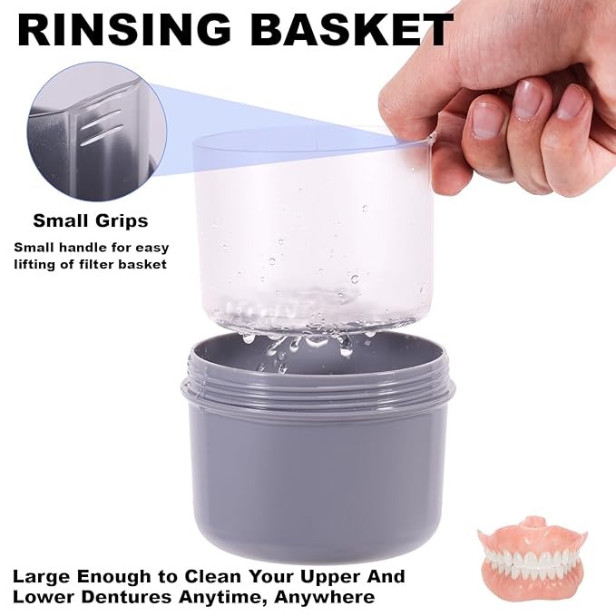 Denture Case, Leak Proof Denture Bath Cup for Travel, Denture Container Cups for Soaking Full & Partial Dentures, Retainers, Denture Cleaning Kit Holder Box with Denture Cleaner Brush-Grey