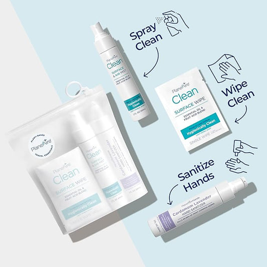 Travel Essentials | Hygiene Kit | Travel Toiletry Kit | Travel Size | Lotion Hand Sanitizer Cardamom Lavender Scent | Surface Wipes | Individual Travel Wipes | Surface Cleaner | With Essential Oils