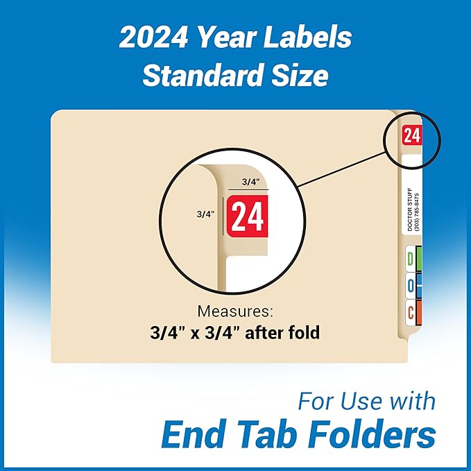 2024 Year Stickers, Doctor Stuff 2024 Chart Stickers, Red Color Coded, STS/SFI Style, USA Made Year Labels for End Tab File Folders, 500/Roll, 1 Roll, 3/4" x 1-1/2"