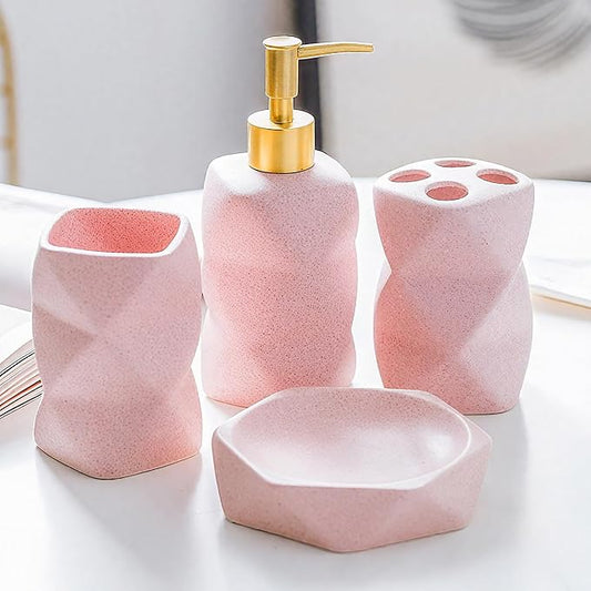 Bathroom Accessories Set,4 Pcs Bathroom Accessory Set,Includes Lotion Soap Dispenser,Toothbrush Holder,Tumbler,Soap Dish,Ceramic Bathroom Sets Complete,Bathroom Sink Set for Modern Home Decor(Pink)