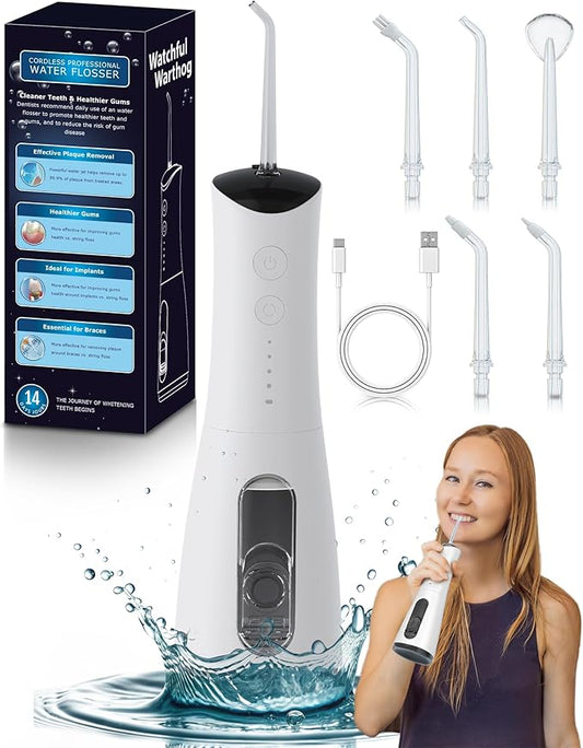 High-Pressure 120PSI Water Dental Flosser with 300ml Reservoir - Portable Water Flosser for Teeth & Gum Cleaning - Rechargeable with 4 Pressure Modes, 1600 Pulses/Minute & IPX7 Waterproof