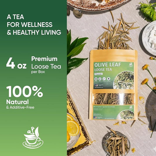 Olive Leaf Loose Tea – 4oz Size (Premium Dried Olive Loose Leaf Tea - 4 oz), Natural Extract Caffeine-Free Herbal Tea for Relaxation, Wallness with Smooth Taste
