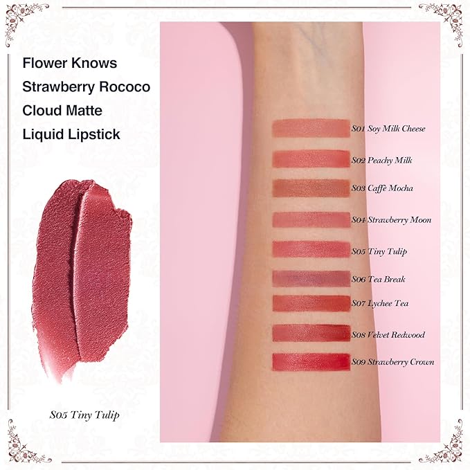Flower Knows Strawberry Rococo Cloud Lip Cream,Long Lasting Warm Pink Matte Lipstick,Hydrating Lip Stain,Transfer & Smudge Proof Velvet Liquid Lipstick for Girls&Women,0.12 Fl Oz(S05 Tiny Tulip)