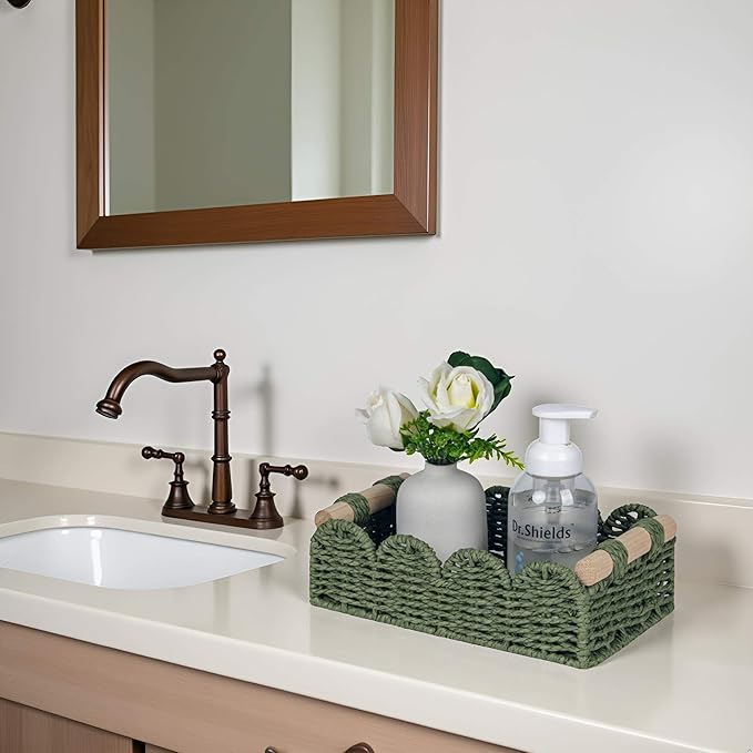 CubesLand Scalloped Decor Basket for Living Room, Home, Bathroom, 2SAME SIZE Paper Rope Basket, Toilet Storage Baskets for Over Toilet Storage Shelf, Cozy Woven Basket Both Storage&Decor, Green