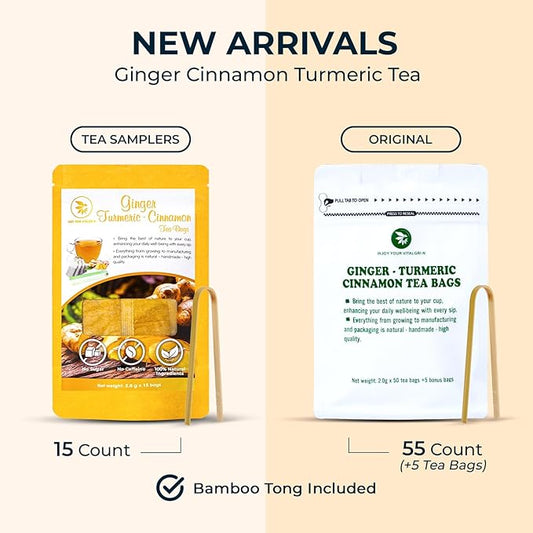 Ginger Cinnamon Turmeric Tea Samplers - 15 Count, Mini Tea Bags, Bamboo Tong Included, Re-Steep Corn Based Tea Bags, No Sugar Added, Natural Herbal Tea for Body Warm, Relax, Refreshing