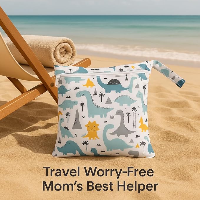Waterproof Wet Dry Bag, Reusable Diaper Pouch with Zipper, Machine Washable Travel Organizer for Beach, Daycare, Kids, Dinosaur Pattern (White Dino)