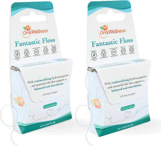 OraWellness Fantastic Floss, Waxed Dental Floss with Hydroxyapatite for Tooth & Gum Repair, Shred Resistant, Gentle & Expanding Alternative to Floss Picks, Pack of 2
