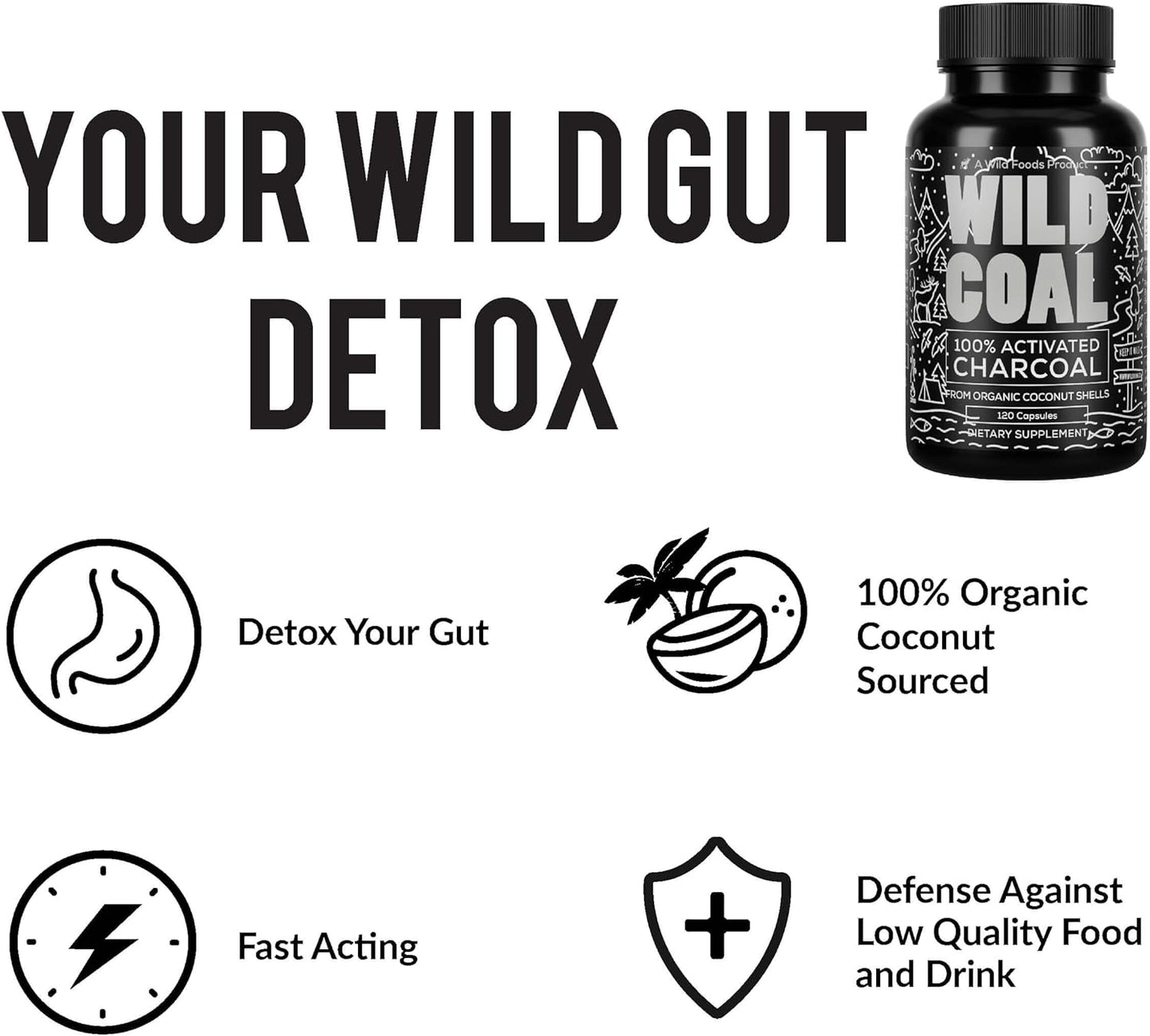 Wild Foods Activated Charcoal Capsules | 100% Organic Coconut Shells Active Tablets for Bloating Relief | Lab Tested & Non-GMO Detox Pills | USA (Two Bottles - 120 Capsules)