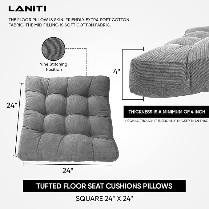 LANITI 24” Inch Extra Large Floor Cushions Tufted Floor Pillow for Adults Square Meditation Ultimate Comfort Oversized Pillows for Floor Cushion (Charcoal)