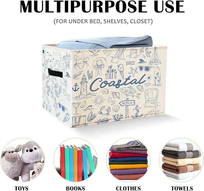 Beach Sea Storage Basket Organizer Bins With Handles,Summer Coastal Rustic Starfish Organizing Decorative Storage Basket,Collapsible Closet Shelf Cloth Organizer Basket for Bedroom Bathroom