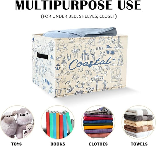 Beach Sea Storage Basket Organizer Bins With Handles,Summer Coastal Rustic Starfish Organizing Decorative Storage Basket,Collapsible Closet Shelf Cloth Organizer Basket for Bedroom Bathroom