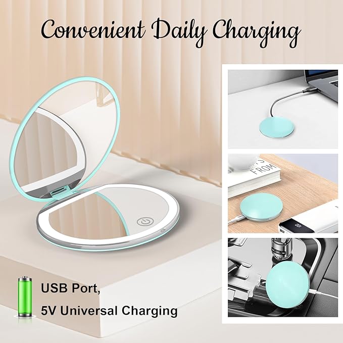 Compact Mirror with Light, 1X/3X Magnification LED Pocket Mirror with USB Data Cable,Mini Mirror for Purse, Pocket,Travel and Present (Mint Green)