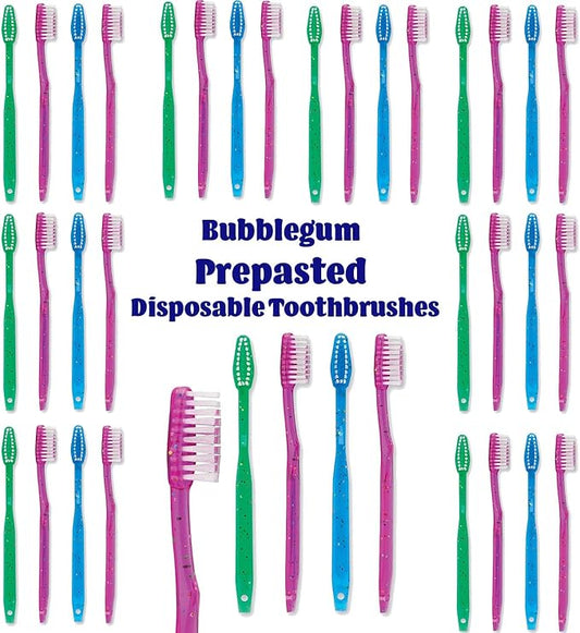 Kids Prepasted Toothbrushes Individually Wrapped - Bubblegum Disposable Toothbrushes with Sparkles (36 Pack)
