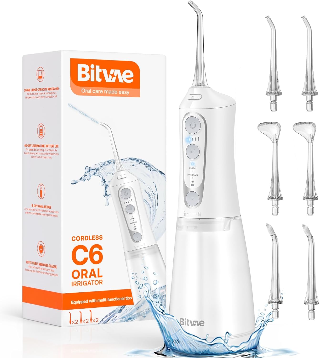 Bitvae Water Dental Flosser Teeth Pick, Cordless Flosser for Travel with 6 Jet Tips, 3 Modes 5 intensities, IPX7 Waterproof Portable & Rechargeable Oral Irrigator Cleaner, White