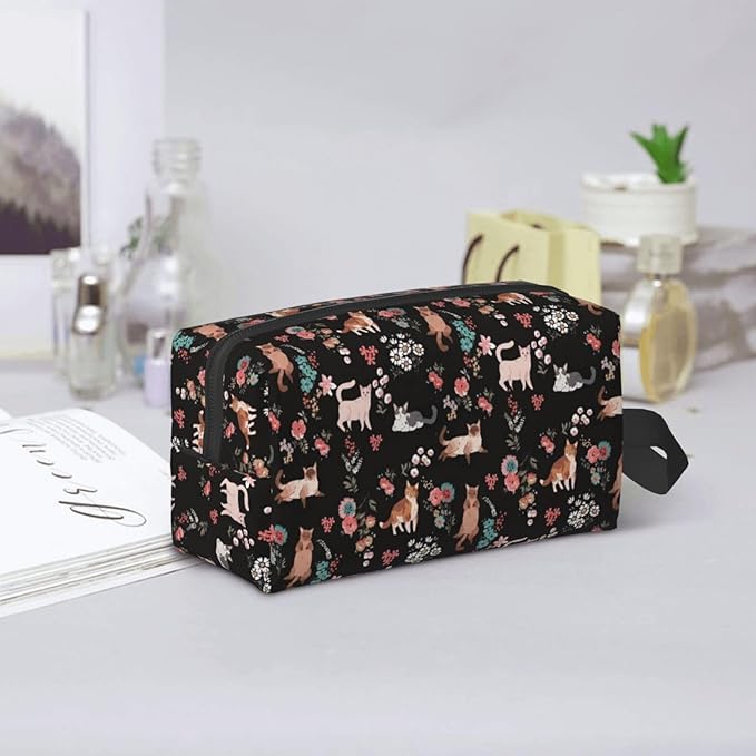 Cat and Floral Toiletry Bag for Women Men Portable Travel Wash Bag Waterproof Gym Shaving Toiletries Cosmetic Organizer Bag, Shower Bathroom Toiletries Accessories Makeup Bag with Handle