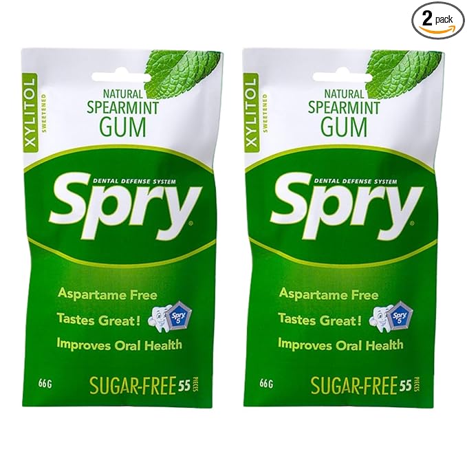 Spry On The Go Fresh Natural Xylitol Chewing Gum Dental Defense System - Aspartame-Free, Sugar-Free, Non-GMO (Spearmint, 55 Count - Pack of 2)