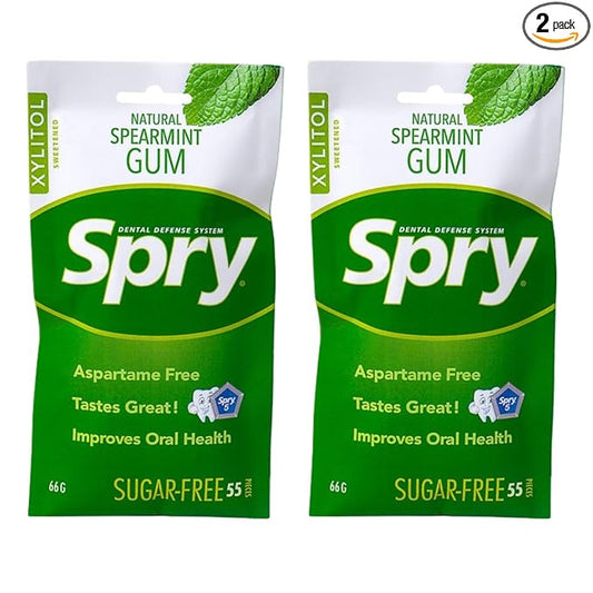 Spry On The Go Fresh Natural Xylitol Chewing Gum Dental Defense System - Aspartame-Free, Sugar-Free, Non-GMO (Spearmint, 55 Count - Pack of 2)