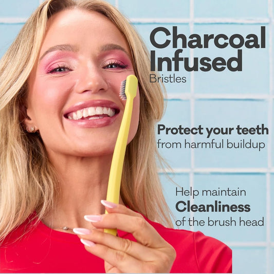Grin Charcoal-Infused 100% Recycled Toothbrush, Soft, 4 Count, Summer Beach, Suitable for Sensitive Teeth and Gums