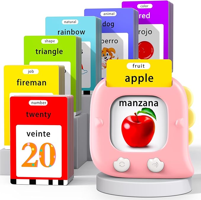 Kidzdo 520 Bilingual Spanish English Talking Flash Cards, Christmas Birthday Gifts for 2 3 4 5 6 Year Old Girls, Language Pocket Speech Therapy Toys, Portable Toddlers Toys for Ages 2-6 Kids, Pink
