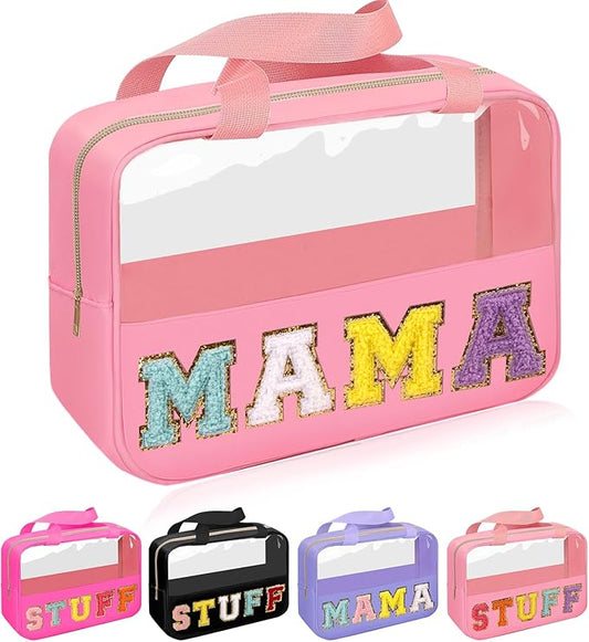 Iqimott Chenille Letter Patch Mama Bag, Preppy Clear Makeup Cosmetic Bag Large Toiletry Storage Tote Bag with Handle, Transparent Nylon Waterproof Organizer Zipper Pouch for Travel Women Girls(Pink)