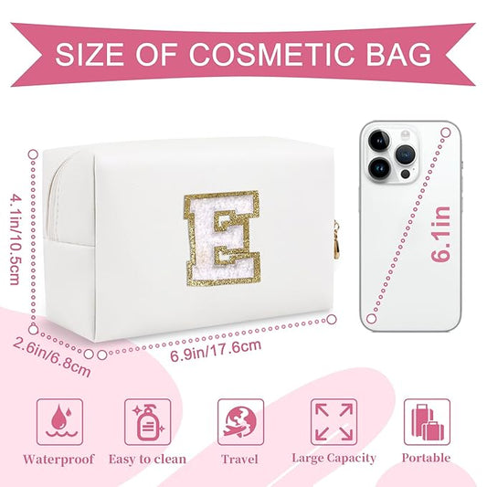 Small Personalized Initial A-Z Preppy Patch Makeup Bag,White PU Chenille Letter Travel Cosmetic Pouch with Zipper,Cute Toiletry Bag,Gift Ideal for Teen Girls Women Teacher Bridesmaid,Letter E