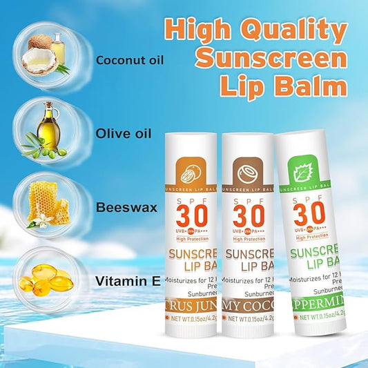 SPF 30 Sunscreen Lip Balm, Bulk Travel Size - 32 Pack, Hydrating with Vitamin E & Coconut Oil - 8 Flavors